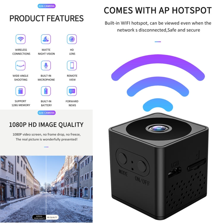 Q16 Mini WiFi Wireless Network Action Camera Wide-angle Recorder with Night Vision and Motion Detection Q16 Mini WiFi Wireless Network Action Camera Wide-angle Recorder with Night Vision and Motion Detection